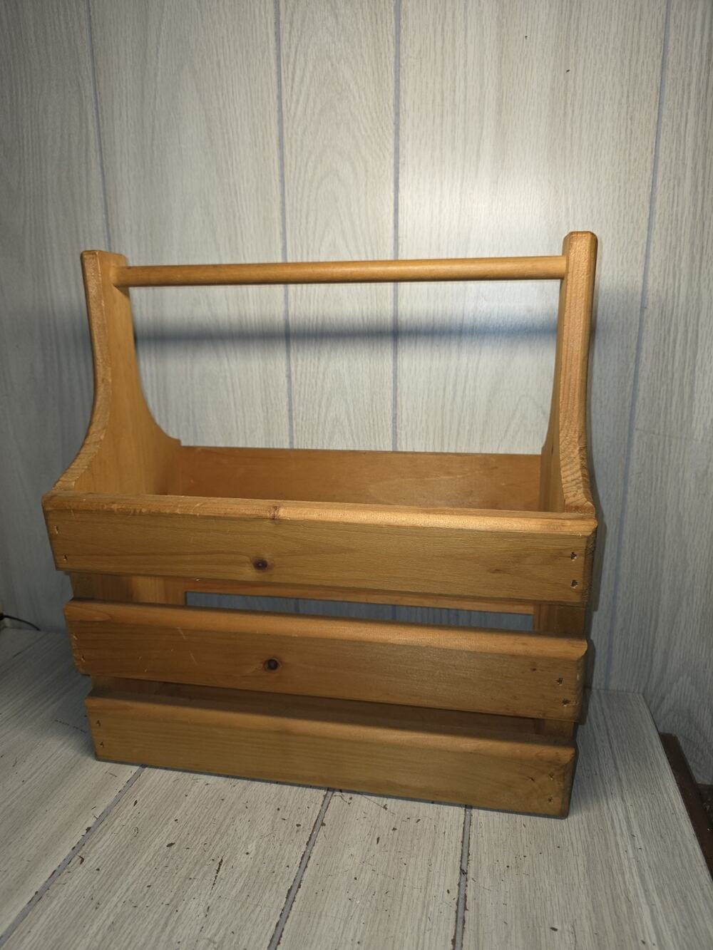 Vintage Handmade Wooden Slat Storage Basket Caddy With Handle Farmhouse Country